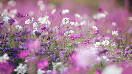 Wall Mural - Peaceful Field of Purple and White Flowers Blooming in Harmony ,Generative ai, 