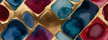 Asian Essence Abstract Watercolor Background In Sapphire, Ruby, And Brass.