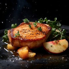 Wall Mural - Grilled pork loin with potatoes in a pan on black background