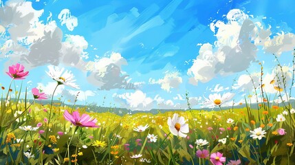 Wall Mural - Spring or summer landscape with meadow flowers and blue sky with clouds  ,Generative ai, 