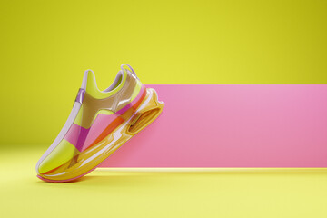 Canvas Print - Yellow and pink  sneaker premium 3d Render  on a  monochrone  background