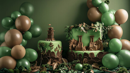 Wall Mural - A mysterious ancient ruins themed birthday cake with green and brown icing, featuring edible vines and a fondant temple, surrounded by green and brown balloons on a solid ruins green background.