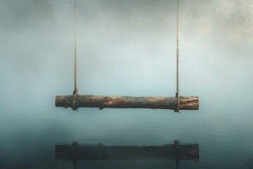   A swing suspending above water, framed by a single wooden plank with another one in the center