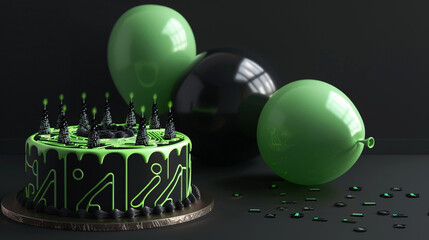 Wall Mural - A high-tech, circuit board themed birthday cake with neon green and black icing, next to green and black balloons on a solid dark grey background.