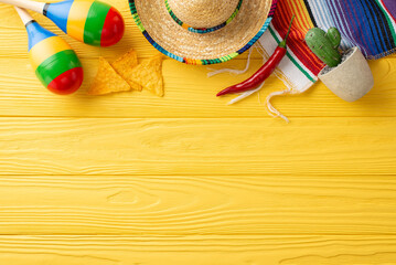 Wall Mural - Festive Cinco de Mayo top view setup with sombrero, maracas, and cactus. Vibrant serape, nacho and chili pepper adorn the yellow wooden desk. Top view with space for text