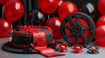 Wall Mural - A glamorous movie premiere themed birthday cake with red and black icing, featuring a fondant red carpet and edible film reels, next to red and black balloons on a solid premiere night background.