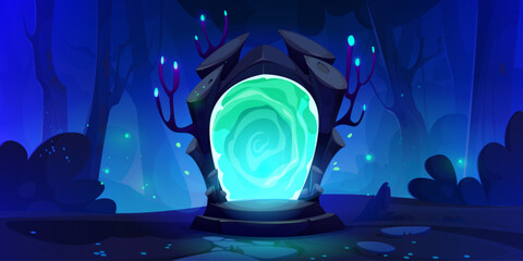 Wall Mural - magic portal door in fantasy forest game world vector background. green neon gate light in futuristi