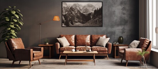 Poster - Brown leather couch and two chairs in a cozy living room setting with a warm and inviting atmosphere