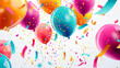 A dynamic and joyful birthday setting with brightly colored balloons ascending, multicolored paper confetti in mid-flight, and vibrant pennants crisscrossing