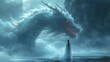   A woman faces a colossal dragon submerged in water, its crimson eye radiantly glowing