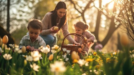 Wall Mural - A woman and two children are happily picking Easter eggs in a field of flowers, surrounded by grass and a beautiful natural landscape AIG42E