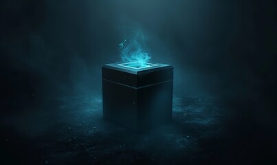 Wall Mural -   A dark room houses a black box emitting a blue light centrally, surrounded by swirling smoke