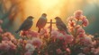   Two birds perch on a post in a flower-filled field Sunlight filters through the trees behind them