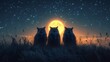   Three owls perch in a field under the night sky The moon illuminates the scene, while stars speckle the heavens behind them