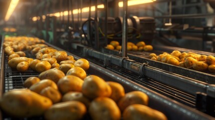 Wall Mural - Automated potato factory. Conveyor at a food factory.