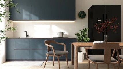 modern dining room, kitchen with wooden table and chairs, dark teal blue counter cabinet, cupboard, 