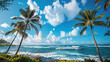 palm trees and tropical beach with pretty clouds in the sky background. summer time..
