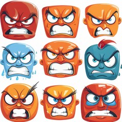 Wall Mural - Clipart illustration with various types of angry face on a white background.	