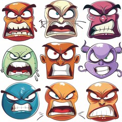 Wall Mural - Clipart illustration with various types of angry face on a white background.	