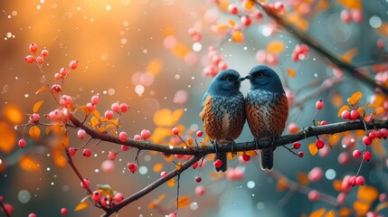 Wall Mural -   Two birds perch on a tree branch, adjacent to a tree laden with red and yellow berries