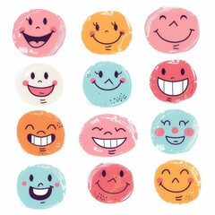 Wall Mural - Clipart illustration with various types of smiley faces on a white background.	