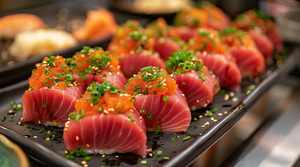 Wall Mural - close up tuna dishes Japanese food raw Tuna sushi on black plate.