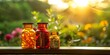 Three glass jars filled with vibrant health supplement capsules placed on top of a wooden table
