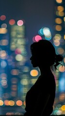 Wall Mural - Silhouette of a woman standing against the backdrop of a city skyline, with skyscrapers and urban lights glowing in the background