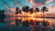 Summer sunset beach palm trees and reflections vibrant sky clouds  