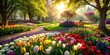 A vibrant spring garden bursting with tulips of various colors under the warm sunlight.
