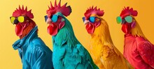 A Dynamic Group Of Roosters Dressed In Brightly Colored Jackets And Sunglasses Against A Yellow Background. This Quirky Concept Brings A Fun And Stylish Twist To Barnyard Imagery.