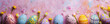 Happy Easter holiday celebration banner with painted eggs. Top view, flat lay with copy space, greetings card design.
