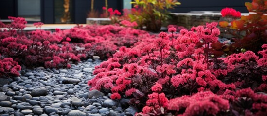 Sticker - Serene garden setting showcasing a variety of rocks and blooming flowers in the background