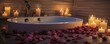 Romantic candlelit bathroom with rose petals