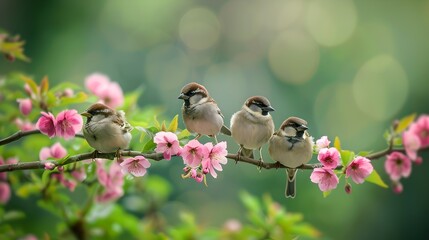 Sticker - Tranquil scene of sparrows resting on a blooming branch. Perfect for nature themes and peaceful backdrops. Soft focus and bokeh enhance calm ambiance. AI