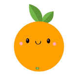 Fototapeta Pokój dzieciecy - Orange fruit icon. Green leaf. Cute cartoon kawaii smiling baby character. Funny food face head. Childish style. Educational card for kids. Flat design. White background. Isolated. Vector illustration
