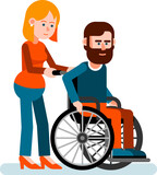 Fototapeta Kosmos - A man with a disability in a wheelchair being helped by a woman on a sidewalk. Vector illustration