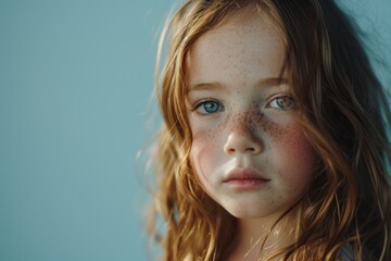 Wall Mural - Portrait of beautiful little girl with freckles on her face.