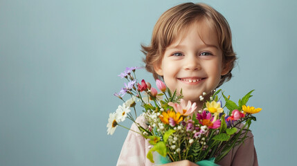 Happy, smiling kid with bunch of colorful flowers for mothers day or birthday celebration. Horizontal banner or background