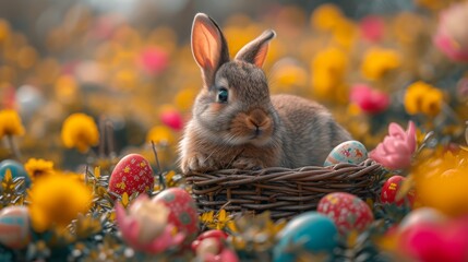   A rabbit sits in a basket, surrounded by a flower-filled field Red, yellow, and blue painted eggs dot the scene