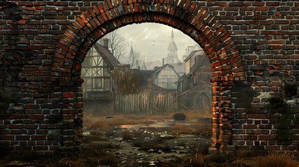 Canvas Print - A brick wall of a ground with arch. We can see houses behind the wall. Detailed