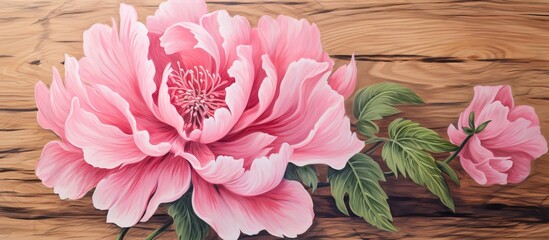 Canvas Print - Pink flower artwork displayed on a textured wooden background with surrounding green foliage