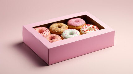 Wall Mural - A variety of frosted donuts arranged in a pink box against a soft pink background