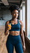 Sport, wellbeing and active lifestyle concept. Portrait of healthy and fit good-looking sportswoman holding orange juice . Beautiful American African lady in fitness clothing drinking healthy  drink.