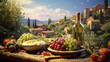 Olives and Olive Oil with Tuscan Backdrop