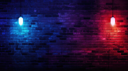 Red, purple and blue neon brick wall background design mockup with lighting effect. For square frame border, billboard, menu, text signs, template and layout on the wall background.