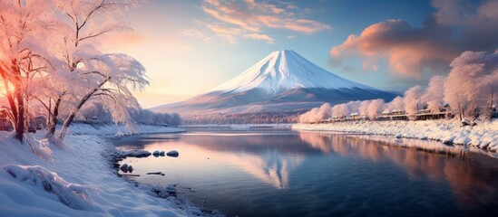 Canvas Print - A majestic mountain peak stands tall with a serene flowing river below in the foreground