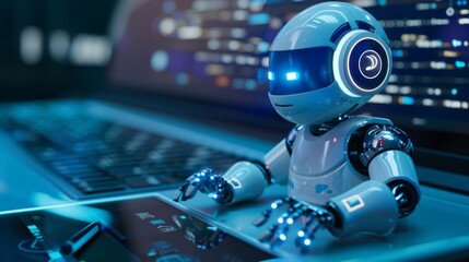 Fototapete - Robot Sitting on Top of a Laptop Computer