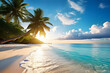 beautiful beach with white sand turquoise ocean and blue sky with clouds in sunny day