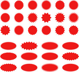 Starburst red sticker set - collection of special offer sale oval and round shaped sunburst labels and badges. Promo stickers with star edges. Vector.